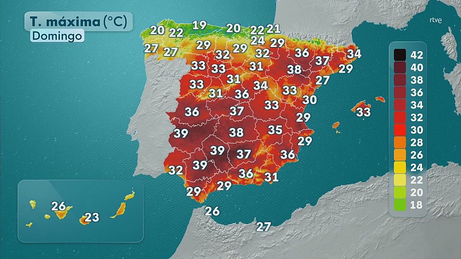 Mapa con la previsión de las temperaturas máximas en la Península, Baleares y Canarias para el domingo