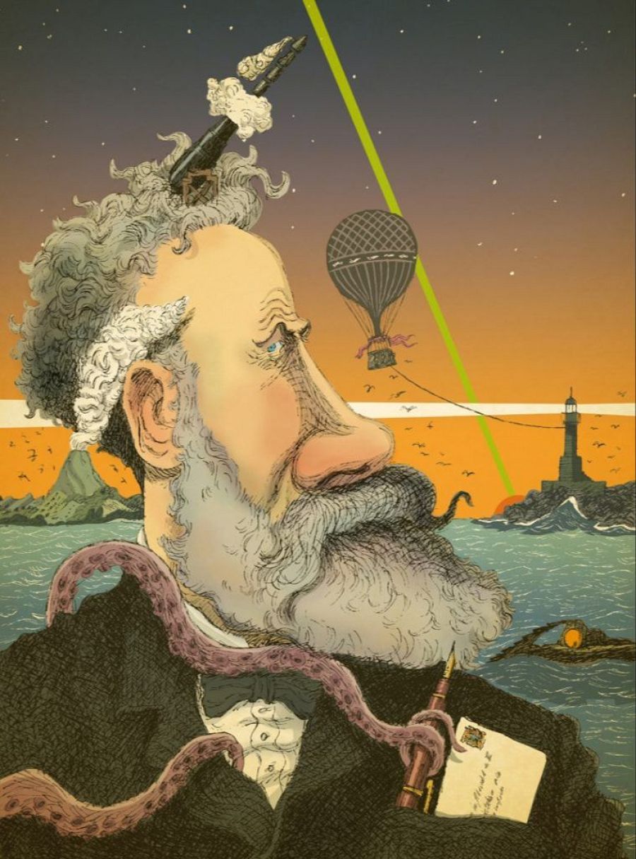 Caricatura de Julio Verne con barba y pelo canoso, rodeado de un pulpo y una pluma sobre una carta; fondo marino con globo aerostático, faro e isla volcánica al atardecer.