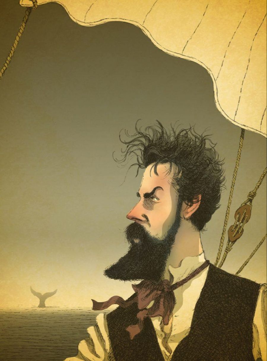 Caricatura de Herman Melville con expresión seria, camisa clara y chaleco oscuro, bajo un toldo; al fondo, la cola de una ballena.