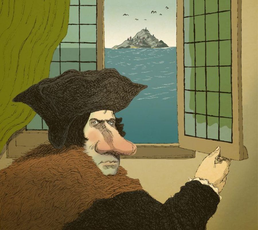Caricatura de Tomás Moro mirando por una ventana a una isla; estilo caricaturesco con rasgos faciales exagerados y vestimenta de época.