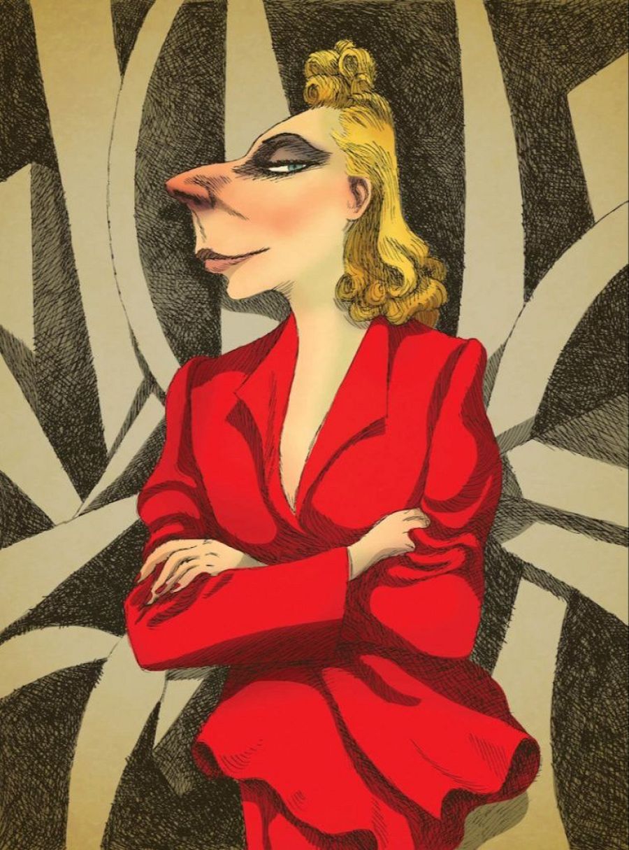 Caricatura de Tamara de Lempicka con traje rojo, cabello recogido y pose confiada. Fondo abstracto en estilo Art Deco. Exageración de rasgos faciales.