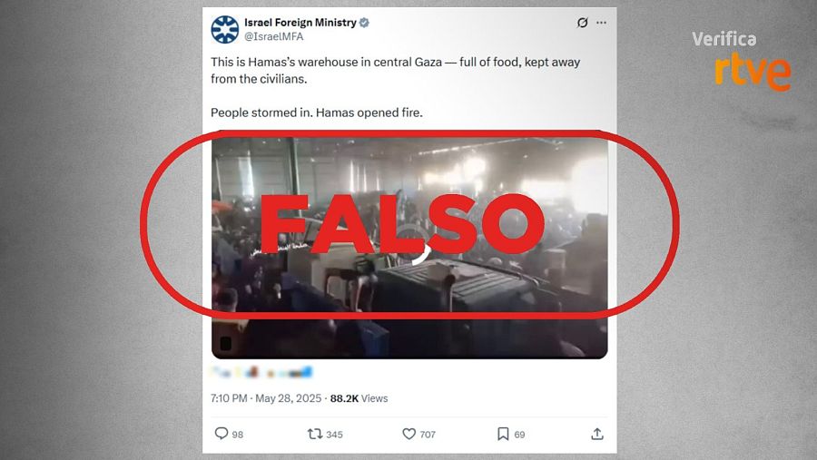 Publicación de X del Ministerio de Asuntos Exteriores de Israel que difunde la falsa idea de que el almacén pertenece a Hamás