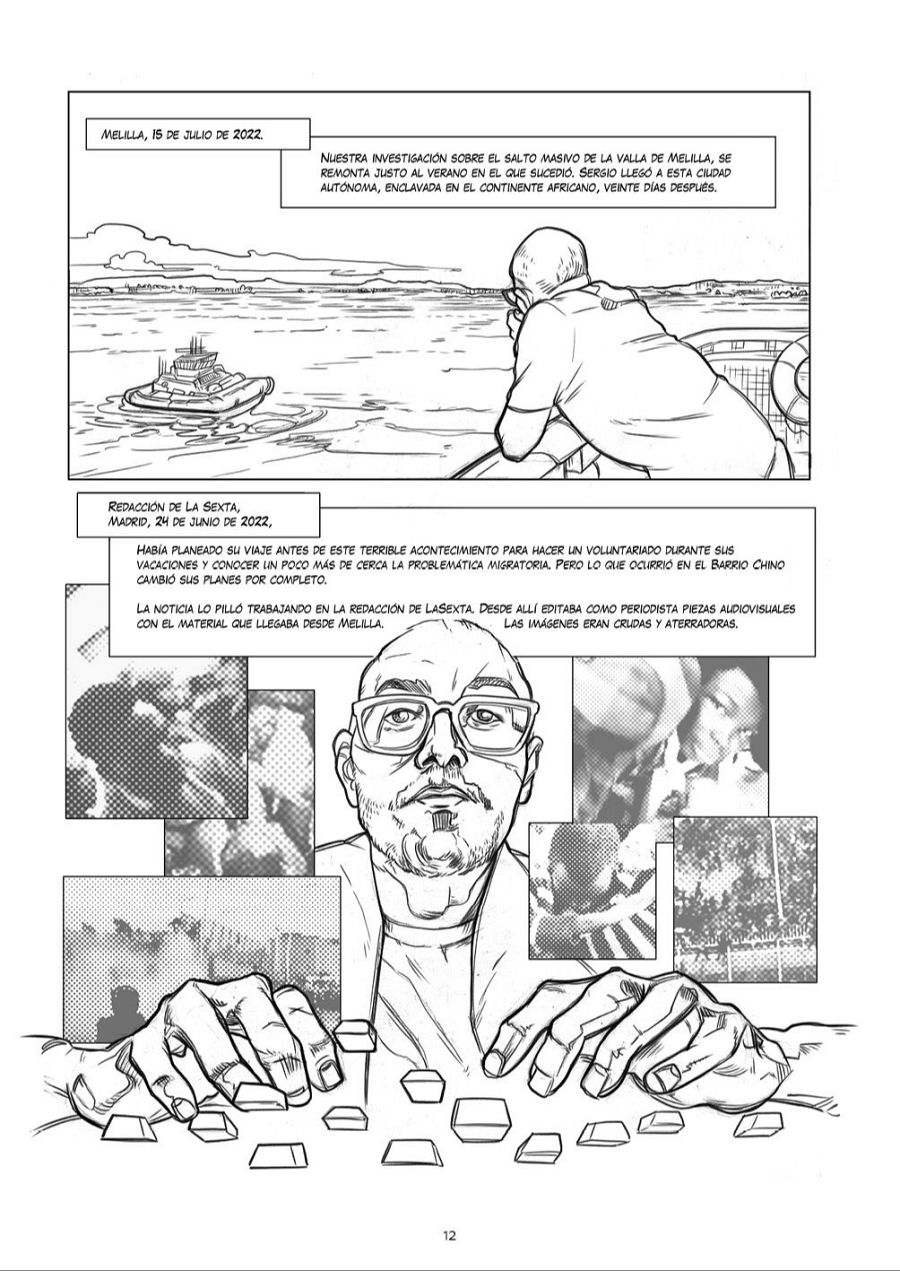 Viñetas de cómic mostrando Melilla, una redacción y un hombre editando imágenes de disturbios en un ordenador.  Detalles de fechas y lugares en los textos de las viñetas.