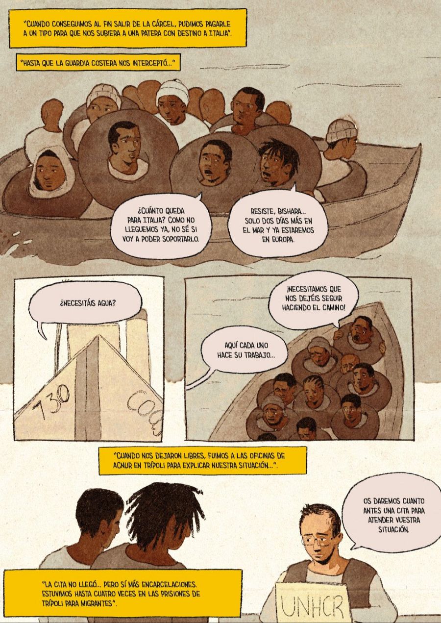 Viñetas de un cómic sobre migrantes en una patera, su intercepción, y su búsqueda de ayuda en ACNUR tras ser liberados.  Se muestra la angustia del viaje y la espera por una cita.
