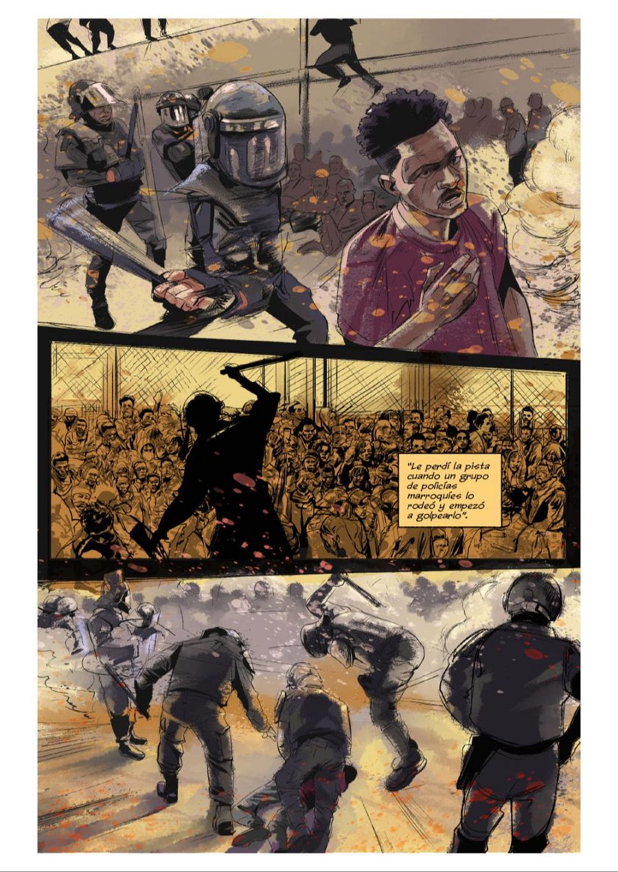 Violencia policial en protesta, mostrada en viñetas de cómic. Antidisturbios golpean a manifestantes; un joven observa. Texto describe agresión policial.