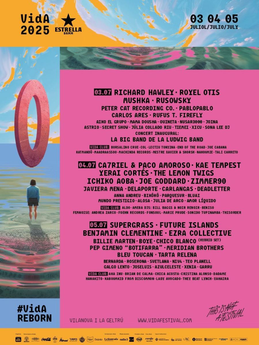 Cartel Vida Festival 2025 (3-5 julio):  Programación completa con artistas diversos, imagen de persona en agua y gran 