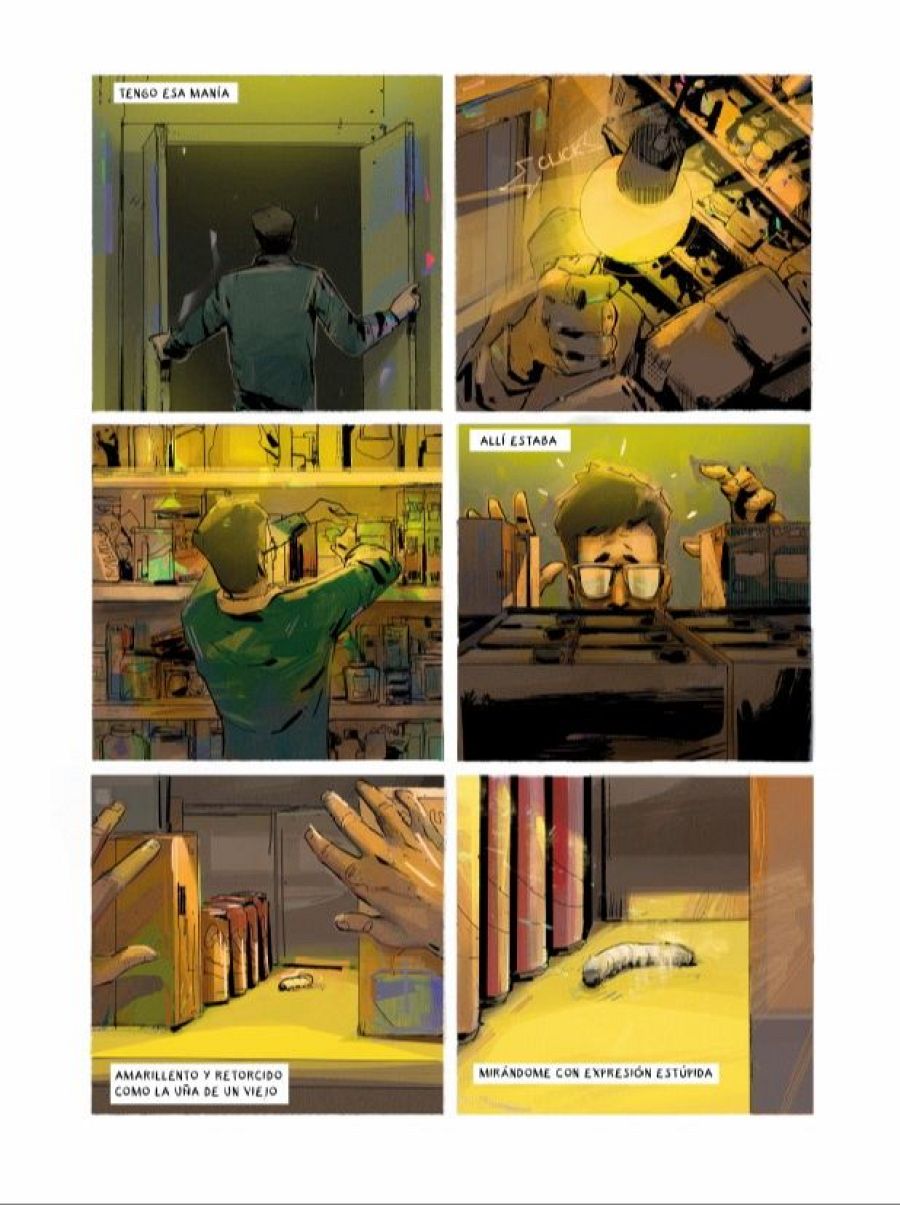 Seis viñetas de un cómic muestran a un hombre buscando en un estante, encontrando una larva descrita como 