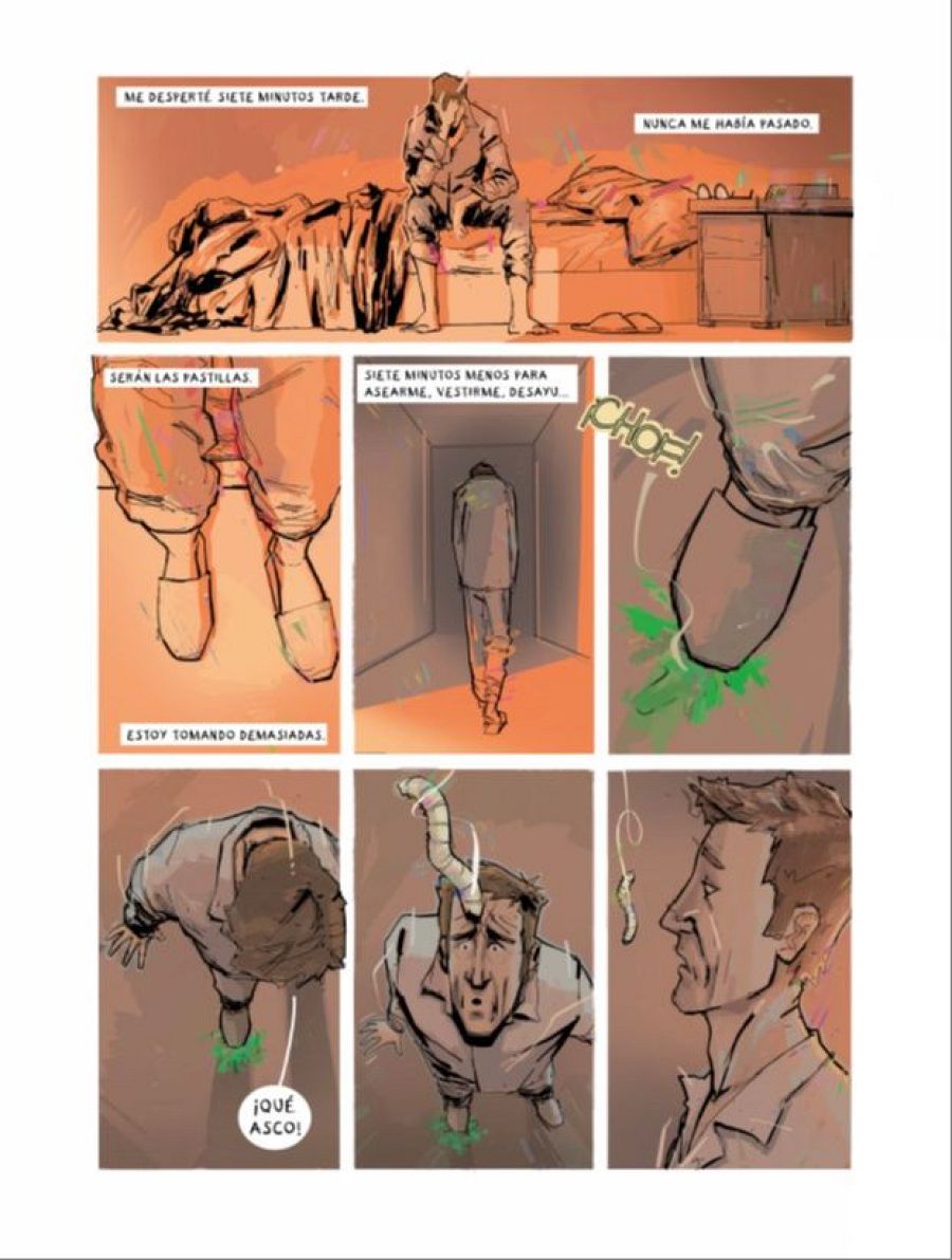 Seis viñetas de un cómic muestran a un hombre con extraños efectos secundarios tras tomar pastillas;  una sustancia verde y un gusano aparecen en las viñetas finales.