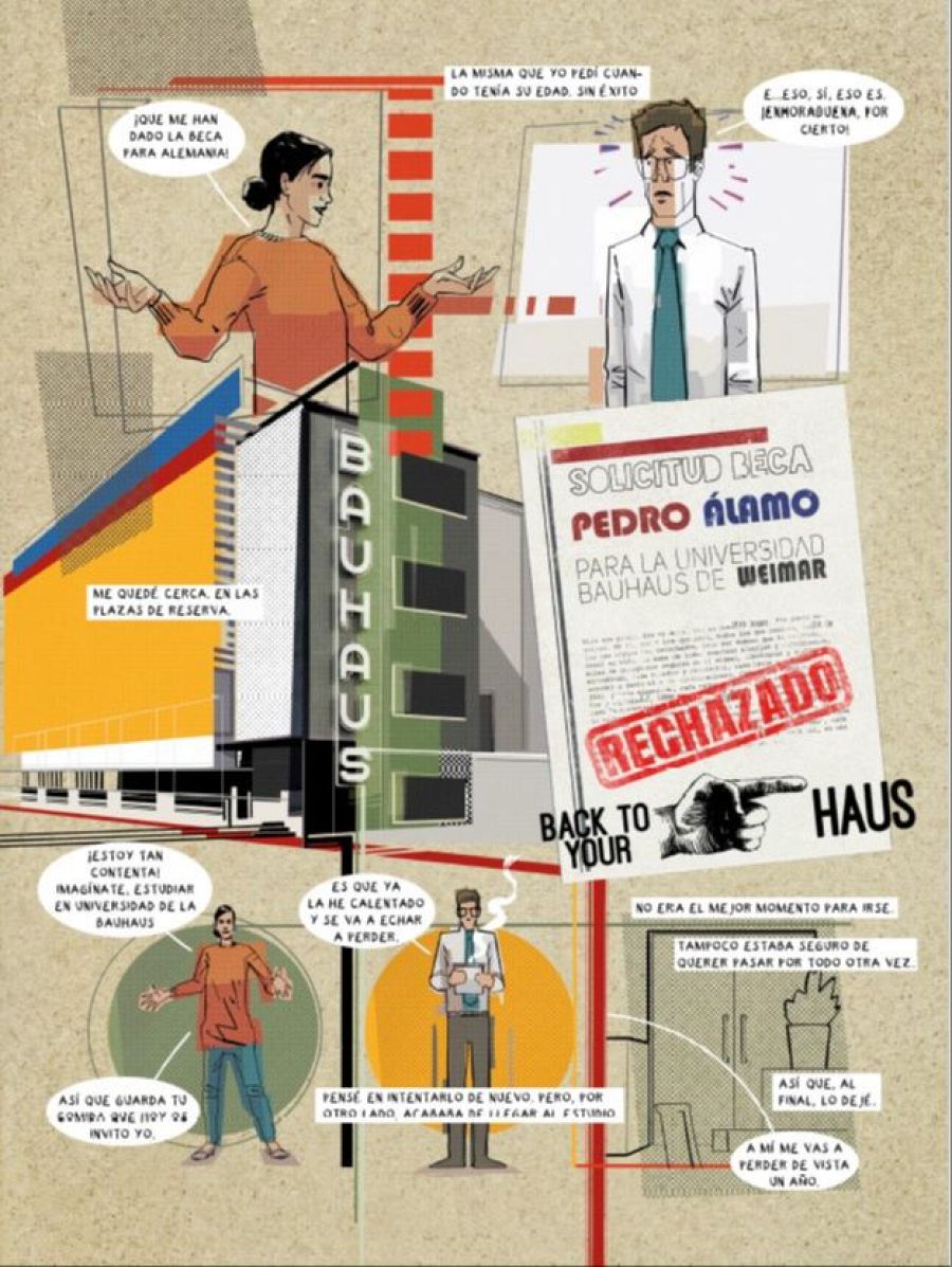 Viñetas de un cómic mostrando reacciones ante una beca para la Bauhaus: alegría por su concesión, decepción por un rechazo y comentarios sobre la situación.