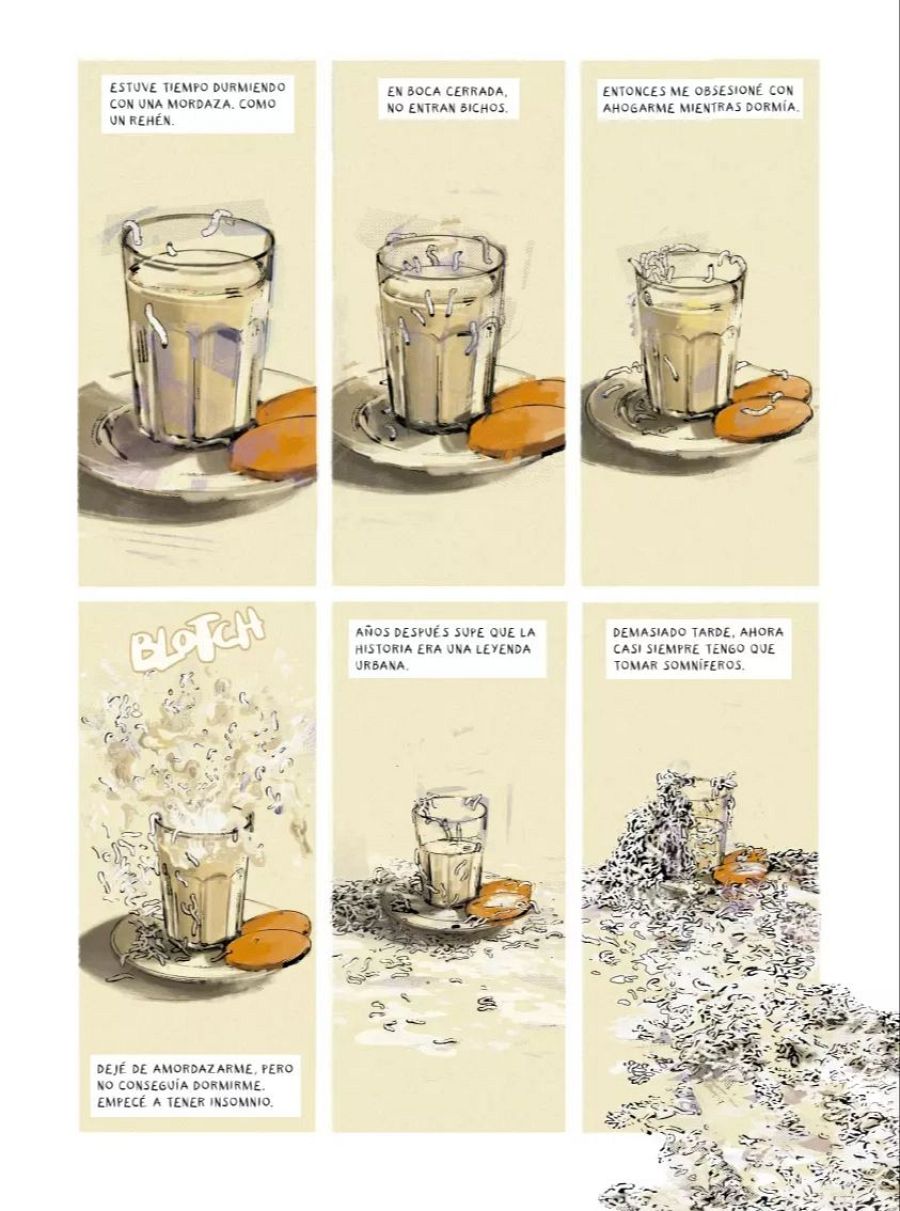 Seis viñetas ilustran la progresión del insomnio de un personaje, desde una mordaza hasta somníferos, con leche y galletas como elemento recurrente.