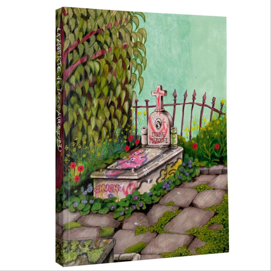 Portada de cómic: lápida con nombre, grafitis y vegetación.  Ambiente misterioso.