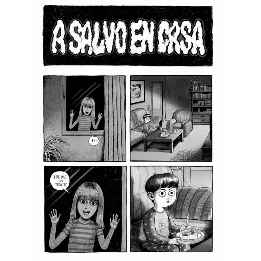 Cuatro viñetas muestran a dos hermanos en casa: la niña observa por la ventana y pide comida; el niño come en el sofá.  Ambiente hogareño y familiar.