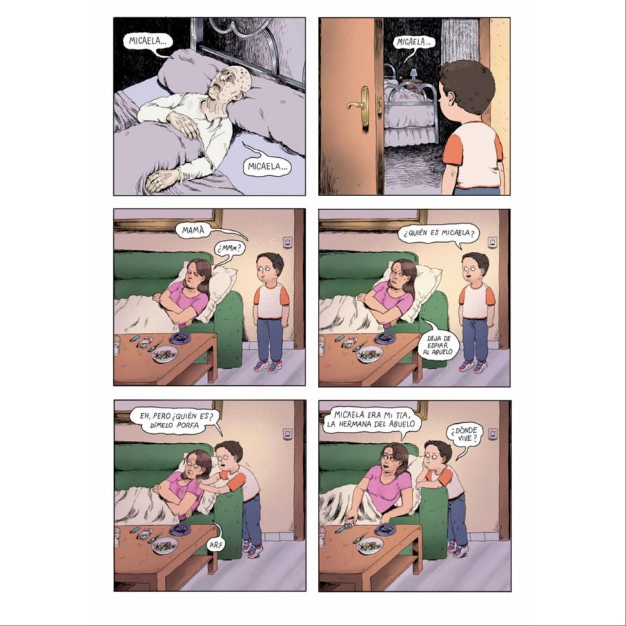 Página de cómic con seis viñetas: un niño pregunta repetidamente por 'Micaela', mencionada por su abuelo enfermo. Su madre, incómoda, revela que era su tía. 