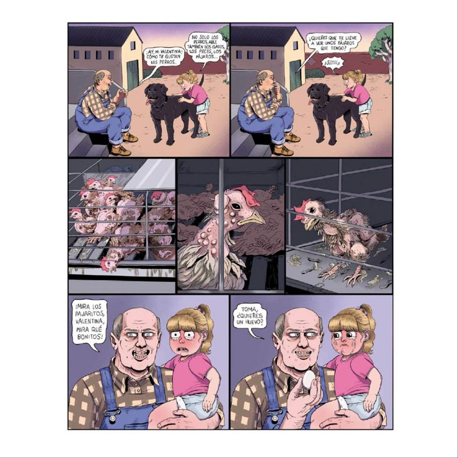 Viñetas de un cómic que contrastan la visión idealizada de los pájaros con la realidad de gallinas enjauladas en una granja avícola, mostrando una crítica irónica al consumo de carne y huevos.