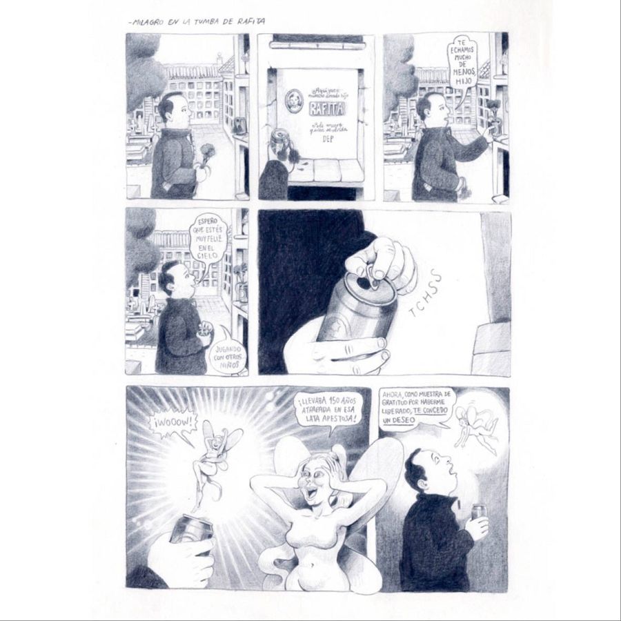 Cinco viñetas de cómic muestran la visita a una tumba, la apertura de una lata de la que emerge un hada que concede un deseo tras 150 años atrapada. Diálogos y onomatopeyas presentes.