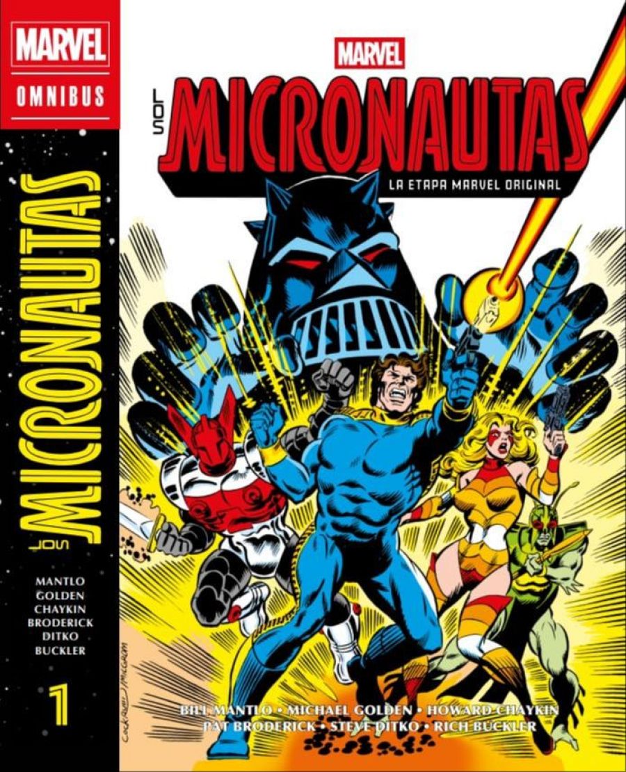 Portada de cómic Marvel 'Los Micronautas', con escena de acción, un gran robot y cuatro personajes menores.  Incluye nombres de autores y el número 1.
