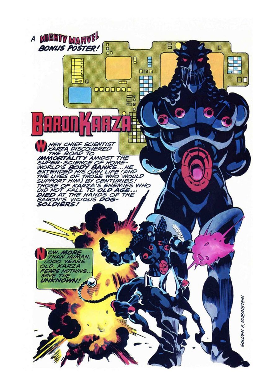 Impresionante póster del Barón Karza, personaje azul oscuro con armadura y múltiples ojos rojos, junto a una criatura oscura montada sobre un animal en medio de una explosión. Firmado por Golden & Rubinstein.
