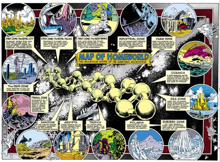 Mapa de Homeworld, planeta de los Micronautas, con zonas como la ciudad real, áreas industriales, agrícolas, oceánicas, desérticas y polares, mostrando una estructura molecular central.