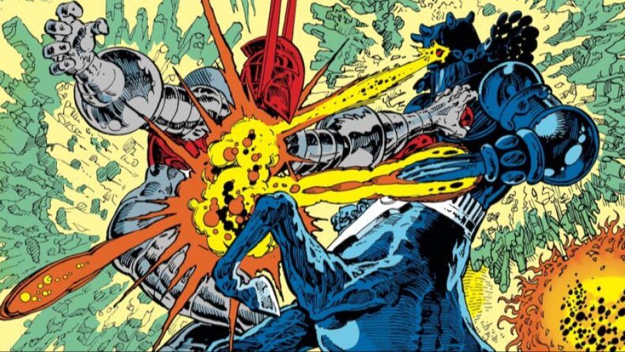 Combate entre dos figuras en un paisaje abstracto. Una, con armadura roja y plateada, recibe un rayo amarillo de la otra, oscura y con posible armadura.