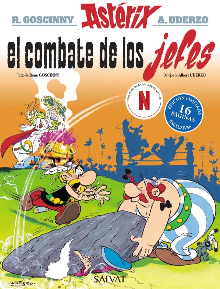 Portada de cómic con Astérix corriendo hacia una roca, Panorámix preparando una poción y un sello de edición limitada. Incluye el logo de Netflix.