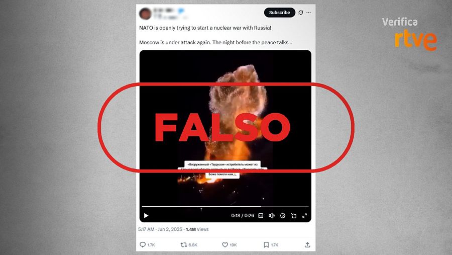 Publicación que comparte un vídeo de un ataque de Ucrania contra Rusia de 2023 y lo presenta uno actual de la OTAN en Moscú