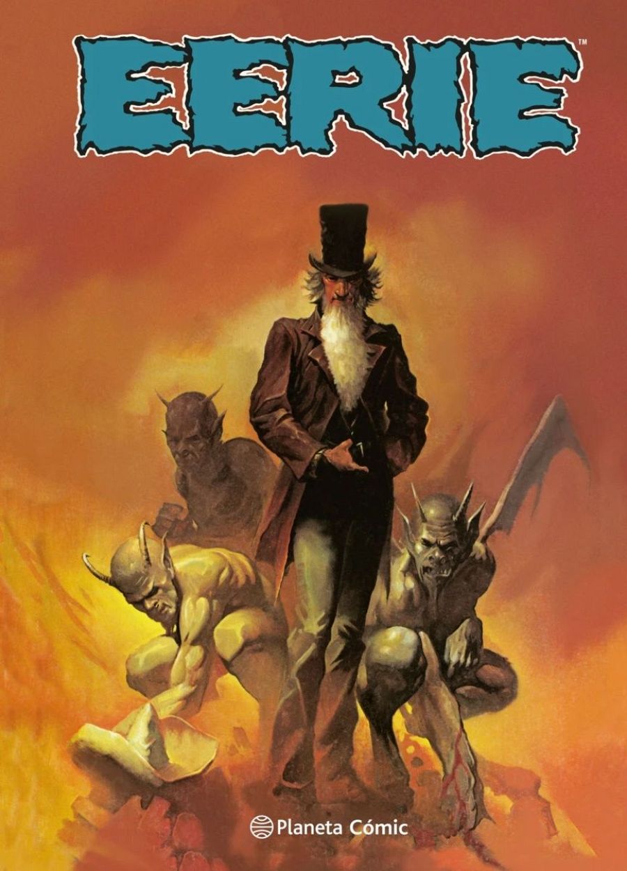 Imagen de la portada del cómic EERIE 15: un hombre con barba blanca y sombrero de copa, rodeado de criaturas demoníacas, sobre un fondo naranja rojizo.  Logo de la editorial en la parte inferior.