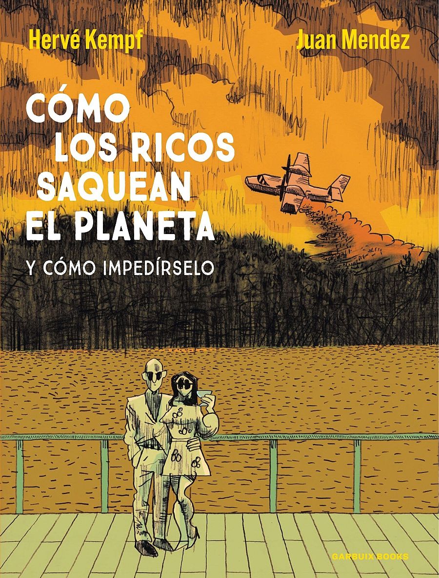 Ilustración de portada: hombre y mujer en embarcadero, avión sobrevolando bosque, cielo anaranjado.  Temática ambiental.