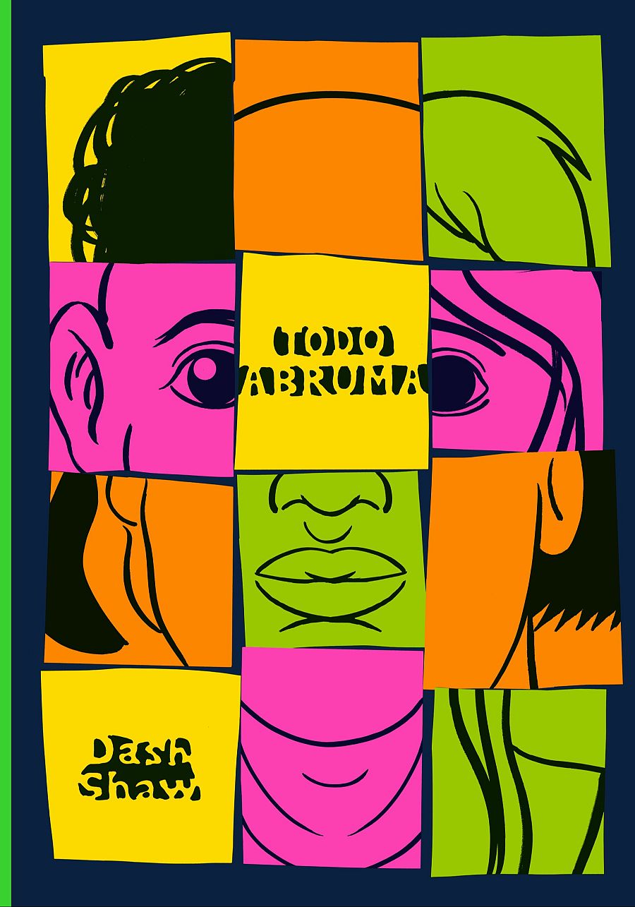 Portada de cómic con rostros fragmentados, colores vibrantes (amarillo, naranja, rosa, verde) sobre fondo azul oscuro y título 