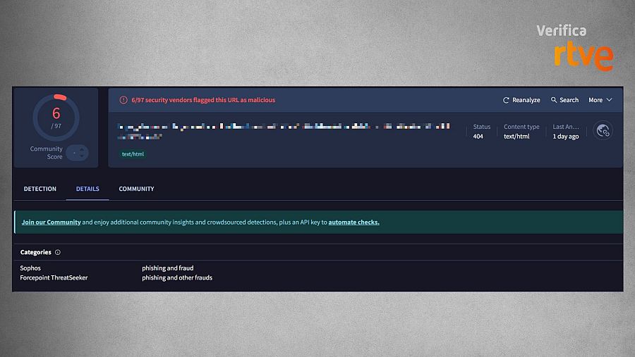 La herramienta VirusTotal cataloga este enlace como malicioso.