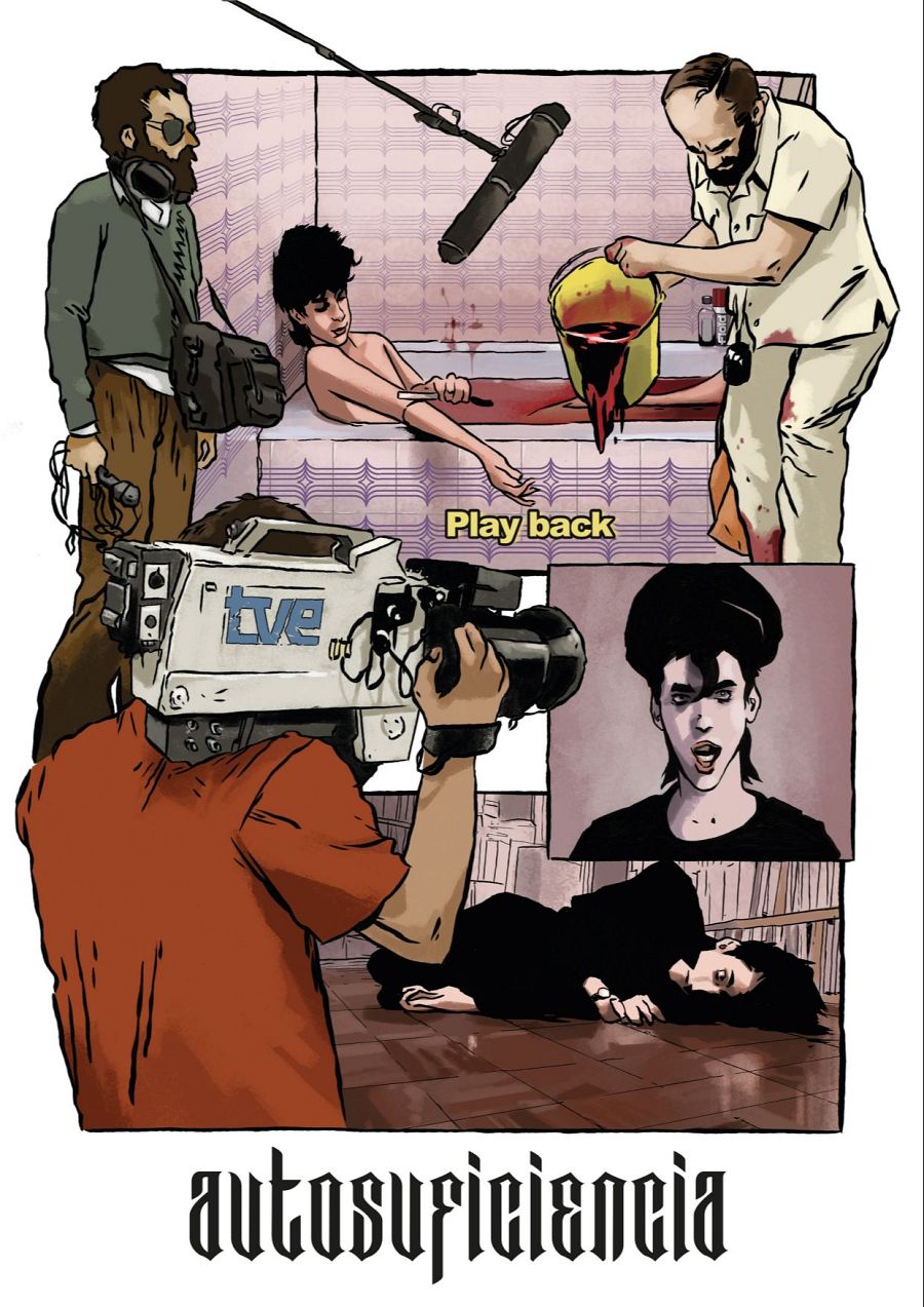 Viñetas de un cómic mostrando una bañera con líquido rojo, personas interactuando, una cámara de TVE grabando y una persona con boina.  Se sugiere una narrativa entre las escenas.