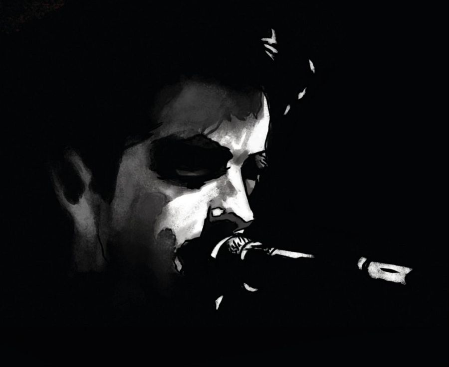 Ilustración en blanco y negro de una persona con micrófono, estilo realista, iluminación oscura, título 