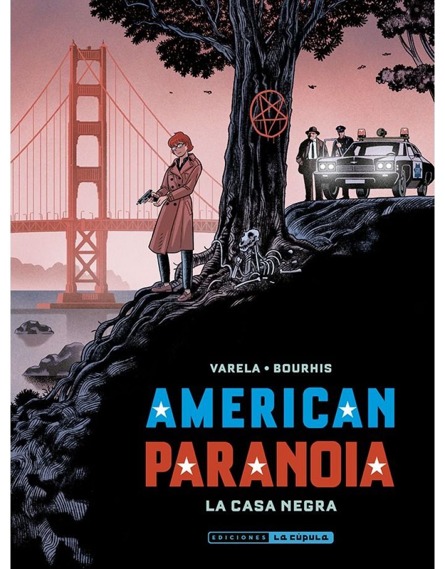 Portada de cómic: personaje pelirrojo con gabardina y pistola junto a un árbol con símbolo, restos óseos y el puente Golden Gate al fondo. Dos figuras, posiblemente policías, aparecen en la parte superior.