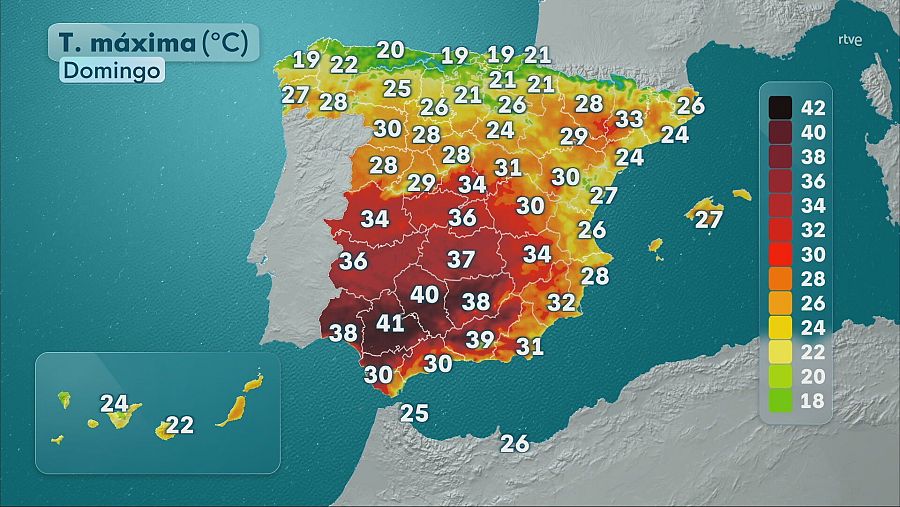Mapa de la Península, Baleares y las Canarias con las temperaturas máximas.