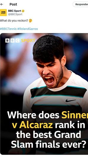 Publicación de BBC Sport sobre la final Sinner vs Alcaraz en Roland Garros, preguntando a usuarios su opinión e incluyendo los hashtags #BBCTennis y #RolandGarros.
