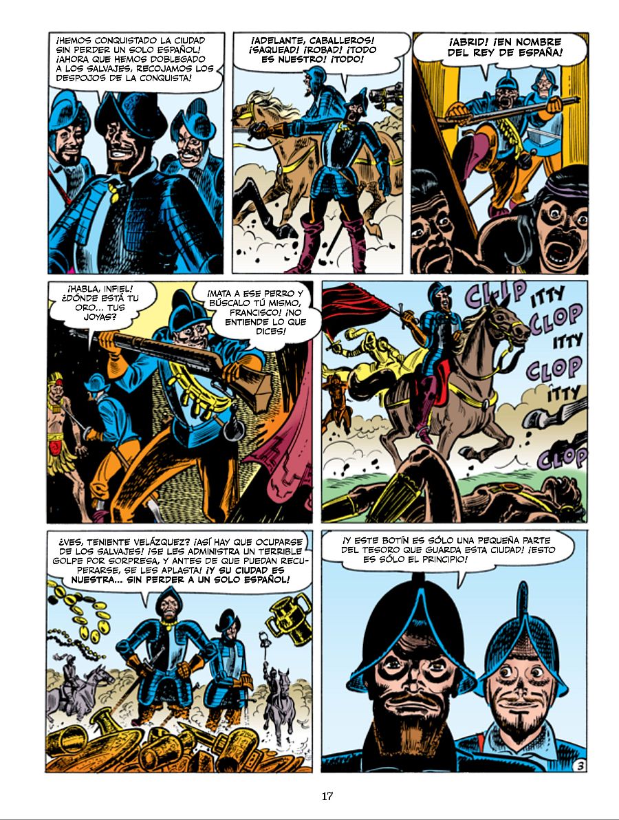 Cuatro viñetas de la conquista española: soldados saqueando, sometiendo y amenazando a indígenas americanos, mientras celebran su victoria y el botín obtenido.
