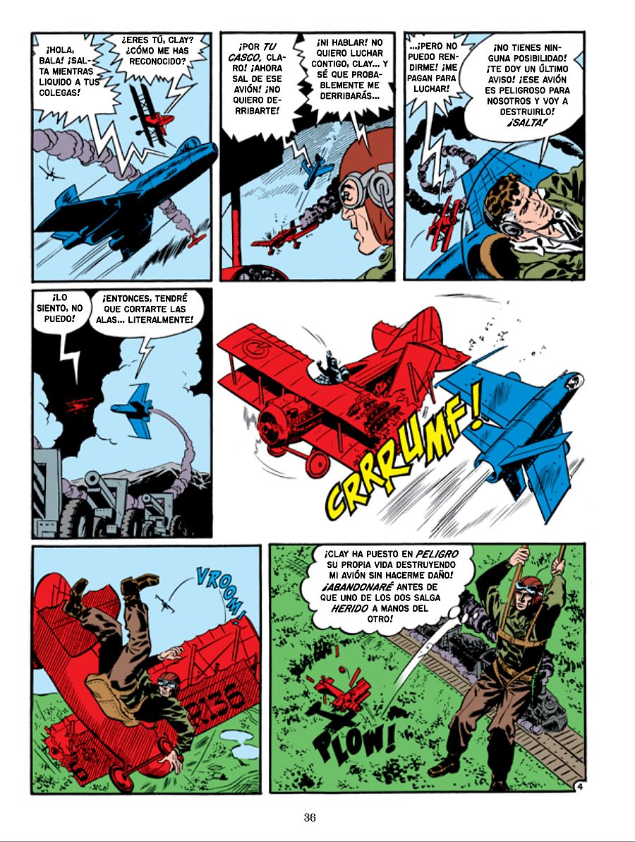 Intenso combate aéreo en cómic: avión azul destruye avión rojo, piloto rojo se salva en paracaídas.  Acción y tensión en cada viñeta.