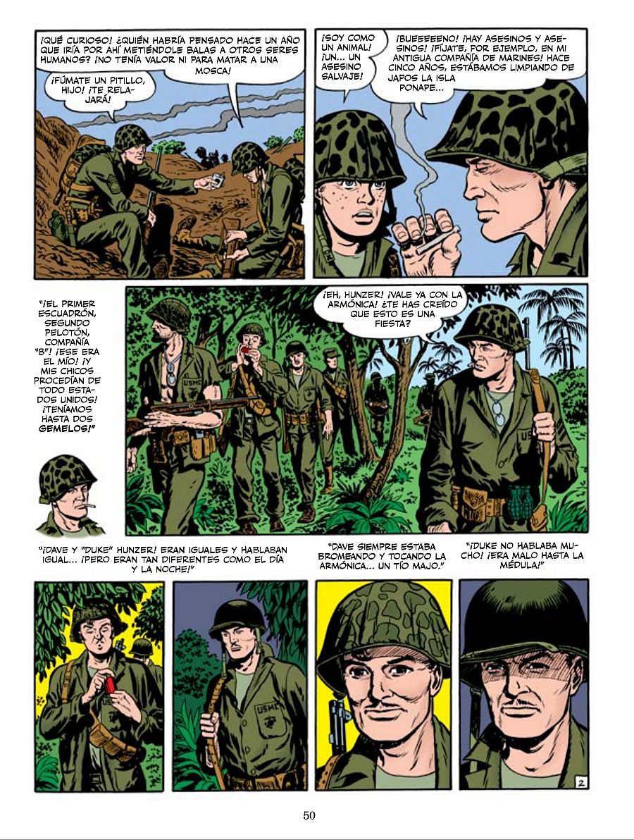 Viñetas de soldados en una jungla reflexionando sobre la guerra, mostrando diferentes reacciones ante la violencia y el combate. Se mencionan gemelos con personalidades opuestas.