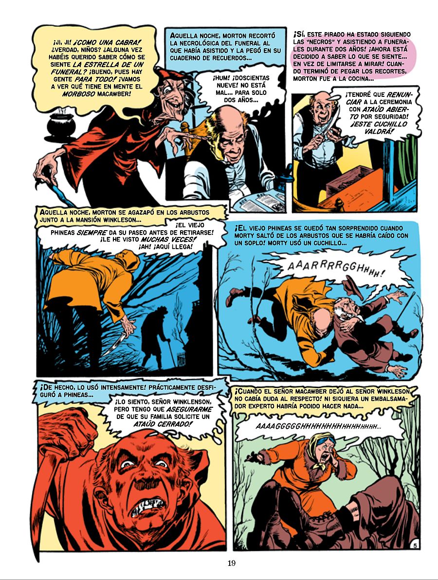 Viñeta de un cómic que muestra un ataque brutal con cuchillo y la reacción satisfecha de un observador ante la gravedad de las heridas infligidas a la víctima.