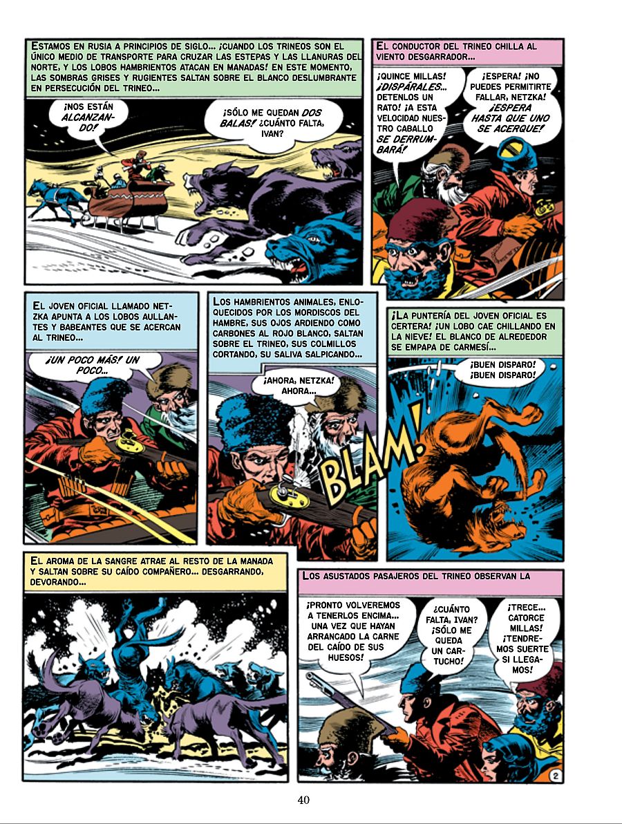 Trineo perseguido por lobos en un paisaje nevado. Un pasajero dispara, pero la manada se enfurece.  Supervivencia incierta con pocas balas y un largo camino.