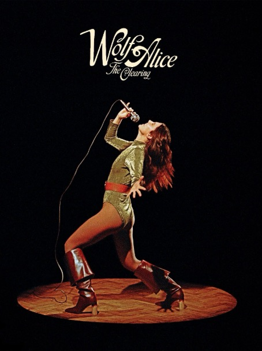 Cantante con mono dorado y botas marrones, micrófono en mano, sobre un escenario circular.  Texto 