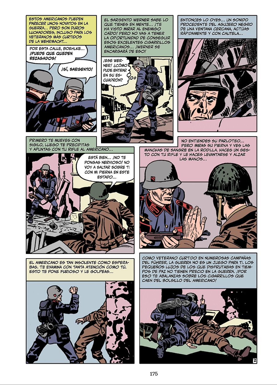 Viñetas de cómic que muestran soldados alemanes encontrando a un soldado americano herido, con diálogos que describen la interacción y la toma de cigarrillos.