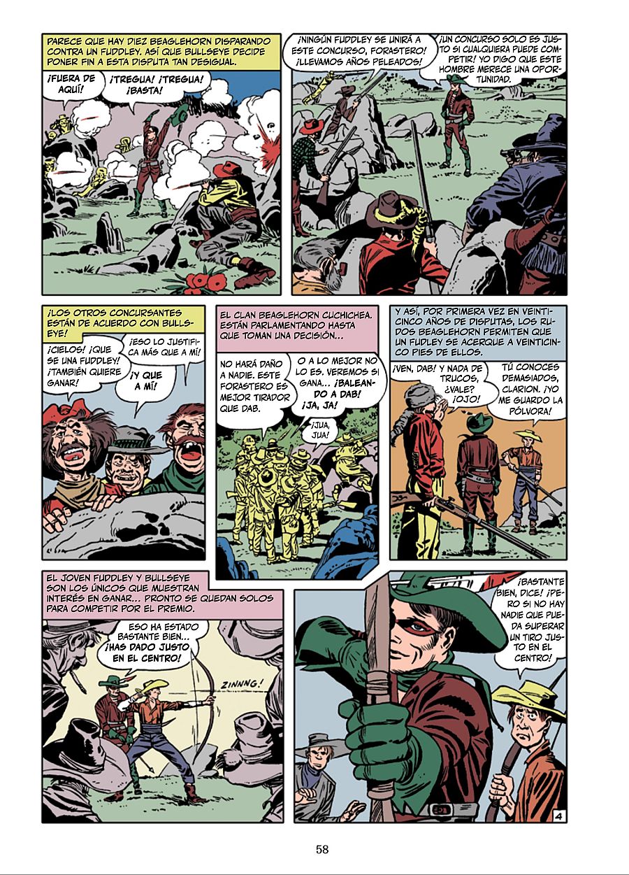 Competición de tiro en el oeste: rivalidad entre el clan Beaglehorn y un forastero, Fudley, que finalmente participa tras 25 años.  Disparo preciso de Fudley desafía a los demás.