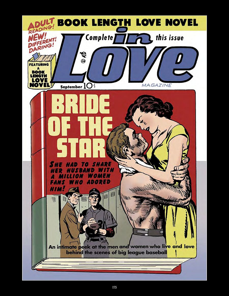 Portada de cómic romántico: mujer abrazando a un hombre musculoso; fondo con vestuario de béisbol; texto promocional sobre celos y romance;  precio: 10 centavos.