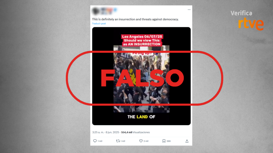 Mensaje que difunde un vídeo de la previa de un partido de fútbol como si fueran protestas contra redadas en Los Ángeles