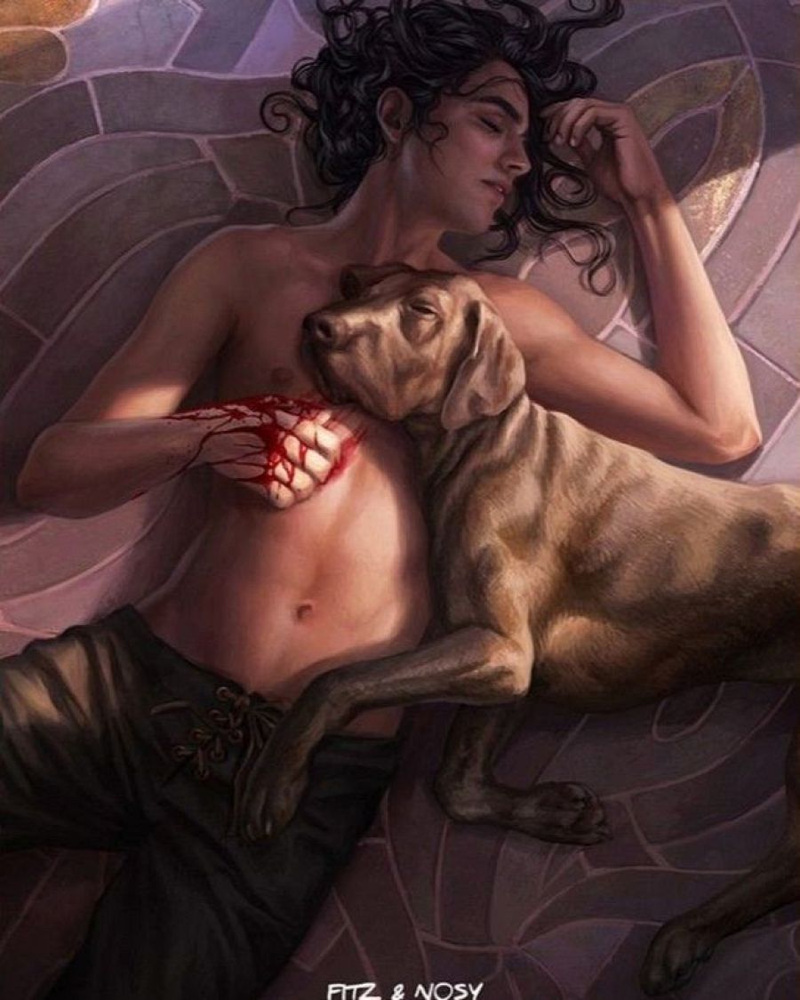 Hombre semidesnudo y ensangrentado junto a un perro marrón; ambos en el suelo. Firma 