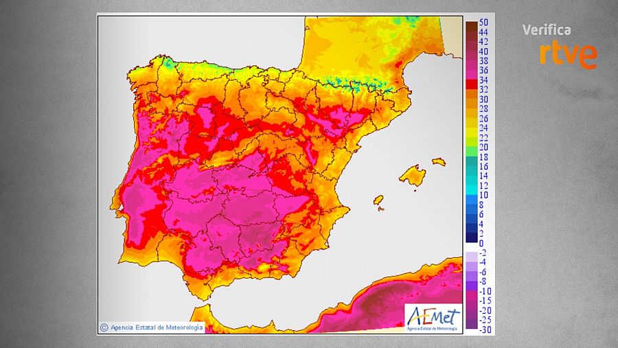 Mapa de temperaturas máximas que publicó AEMET para el lunes 9 de junio