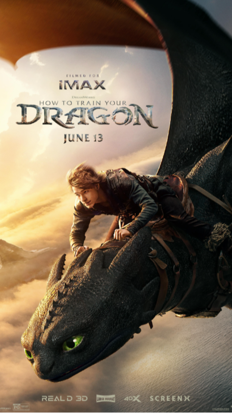 Póster de película con un jinete sobre un dragón negro volando al atardecer.  Estreno 13 de junio. Formatos IMAX, 3D, Large Format, 4DX y ScreenX.