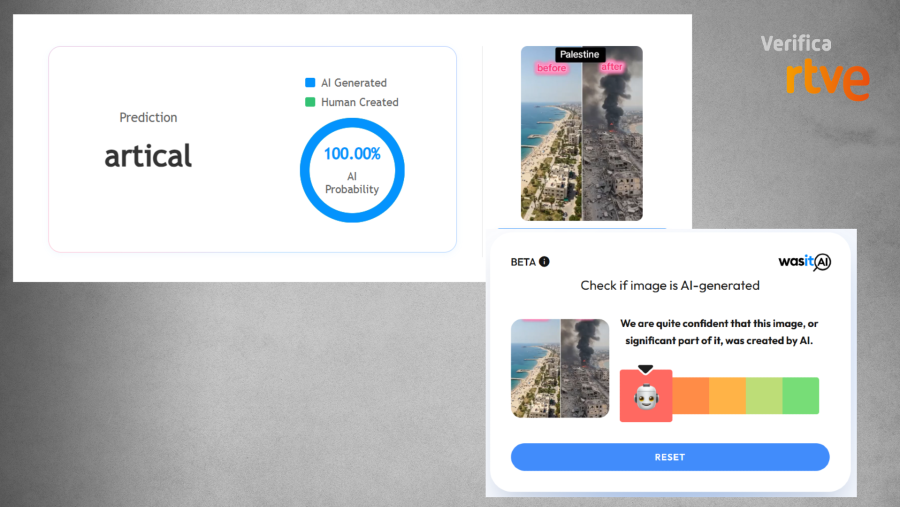 Resultados de Decopy.AI y Wasit.AI que concluyen que el vídeo de Gaza está generado con IA