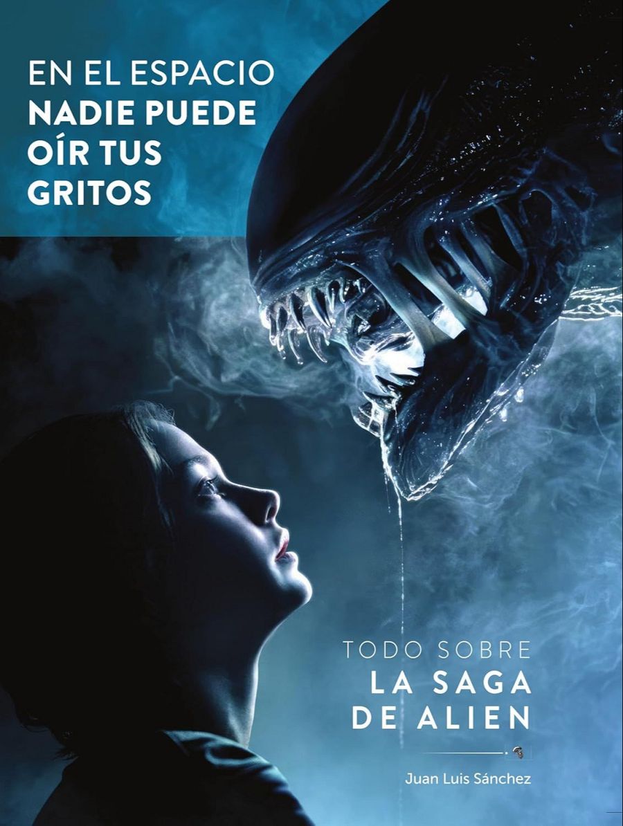 Portada de libro sobre la saga Alien: xenomorfo amenazante sobre una mujer atemorizada. Título destacado y nombre del autor.