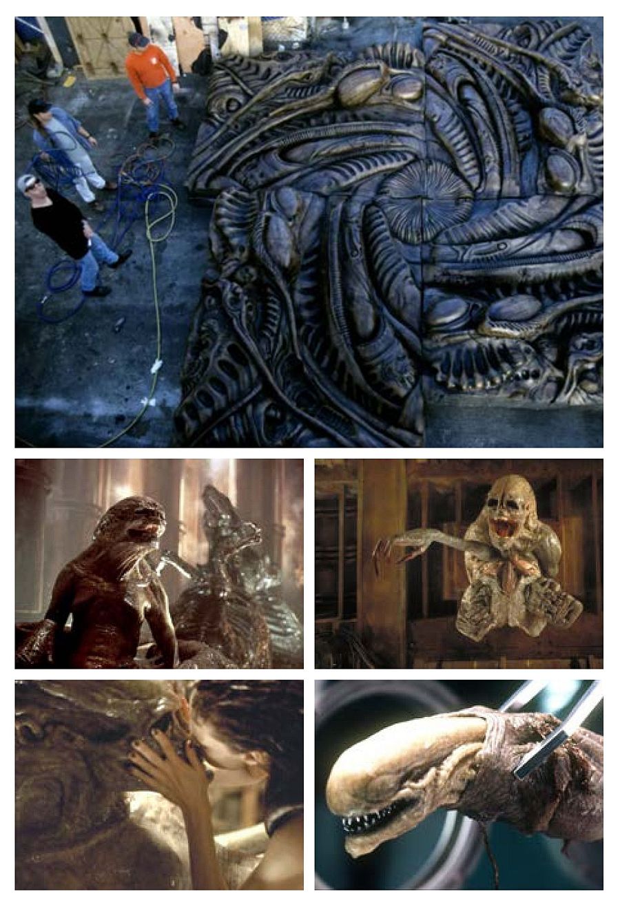 Imágenes de rodaje y criaturas de la saga *Alien*: set de filmación, estructura orgánica, criaturas alienígenas, *facehugger*. 